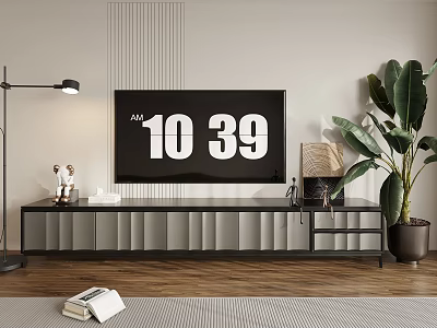 Modern TV Stand With TV Floor Lamp Potted Plant And Decorative Items On Wooden Floor 3d model