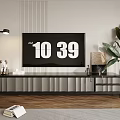 Modern TV Stand With TV Floor Lamp Potted Plant And Decorative Items On Wooden Floor