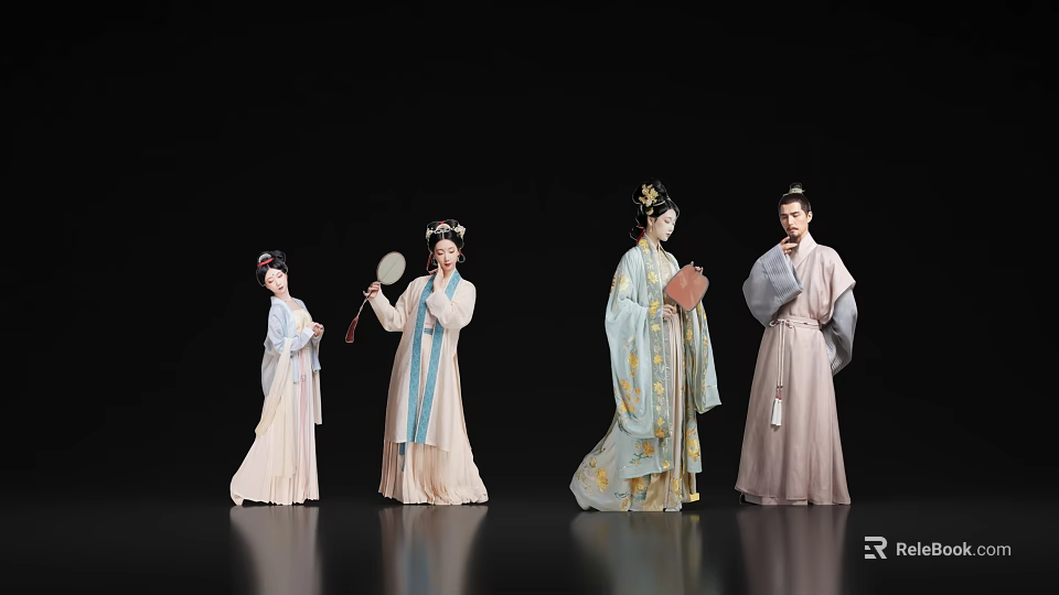 Traditional Chinese Ancient Attire Figures With Historical Hairstyles And Accessories 3d model 