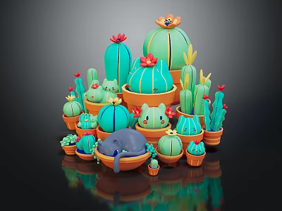Cartoon Scene With Teal Cacti Cute Animals And Orange Flower Pots 3d model