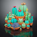 Cartoon Scene With Teal Cacti Cute Animals And Orange Flower Pots