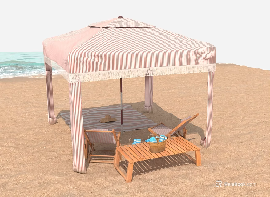 Pink Striped Beach Gazebo With Wooden Loungers And Coffee Table 3d model 