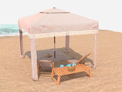 Pink Striped Beach Gazebo With Wooden Loungers And Coffee Table 3d model