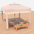 Pink Striped Beach Gazebo With Wooden Loungers And Coffee Table