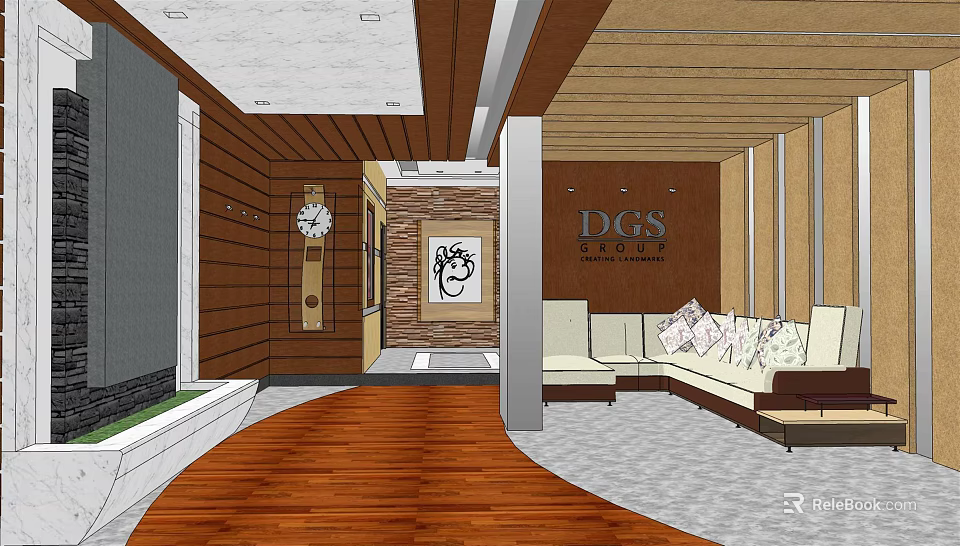 Modern Leisure Area With Wooden Flooring Sofa Cushions Wall Clock And Decorative Painting 3d model 