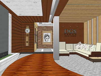 Modern Leisure Area With Wooden Flooring Sofa Cushions Wall Clock And Decorative Painting 3d model