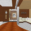 Modern Leisure Area With Wooden Flooring Sofa Cushions Wall Clock And Decorative Painting