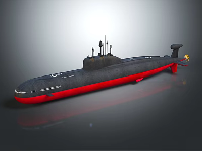 Black And Red Submarine With Antennas On Hull And Rear Propeller 3d model