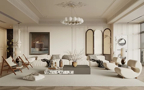 French Style Simple European Living Room Sofa Coffee Table Combination Sofa Background Wall Lazy Sofa Entrance Cabinet Balcony Cabinet French Style Lamp Plate Chandelier Floor Lamp 3d model