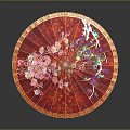 Red Floral Patterned Umbrella As Furniture Decor With Gold Trim And Light Handle