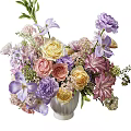 White Vase Floral Arrangement With Purple Pink Yellow Flowers And Greenery
