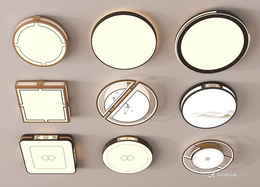 Various Round And Square Ceiling Lights With White Surface And Decorative Frames 3d model