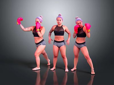 Women In Purple Hair Pink Boxing Gloves Black Sports Bras Gray Shorts Striking Boxing Poses 3d model