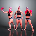 Women In Purple Hair Pink Boxing Gloves Black Sports Bras Gray Shorts Striking Boxing Poses