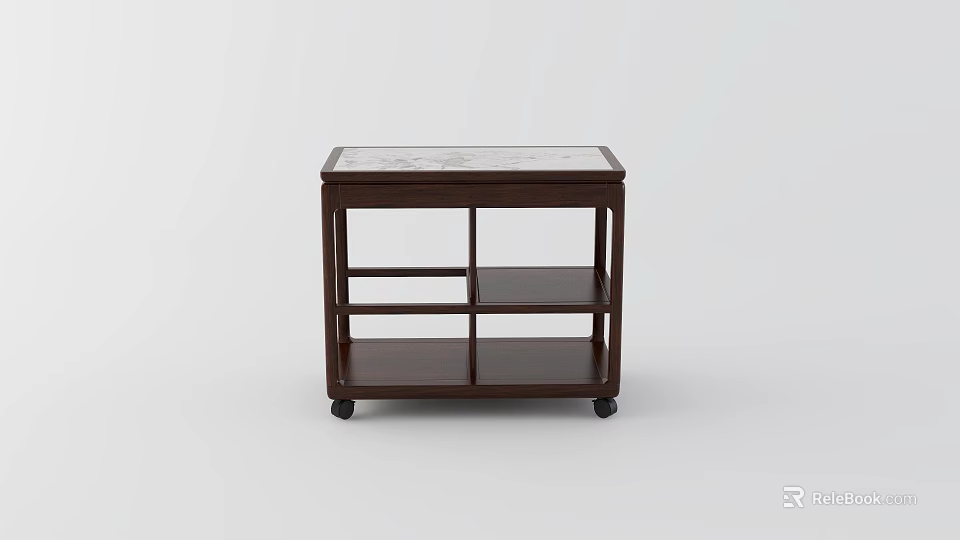 Modern Dark Wood Coffee Table With Marble Top Multiple Shelves And Wheels 3d model