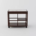 Modern Dark Wood Coffee Table With Marble Top Multiple Shelves And Wheels 3d model