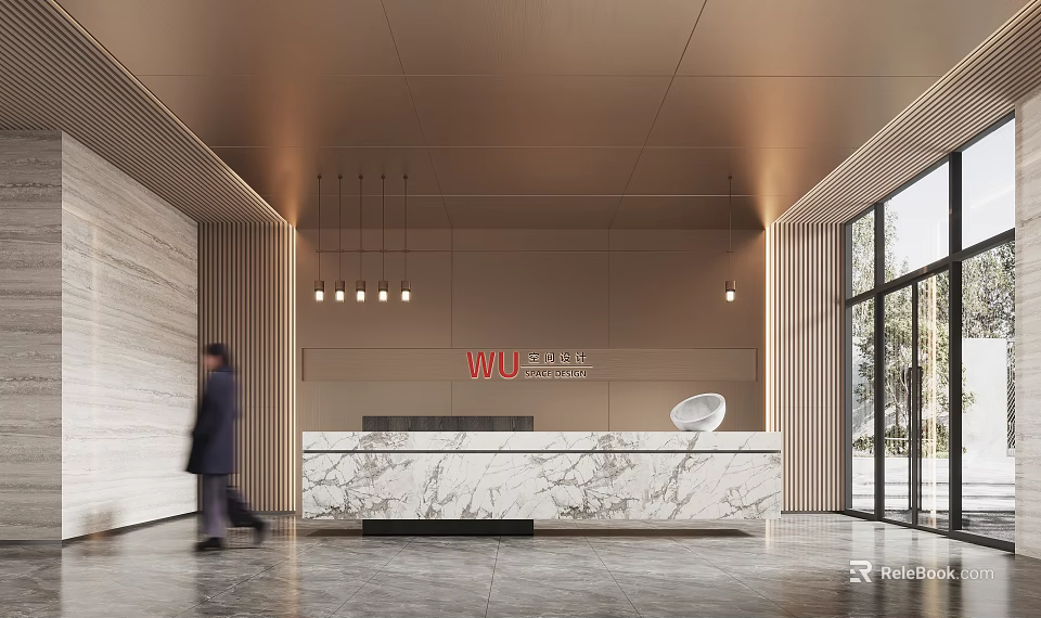Modern Elegant Reception Desk Interior With Marble Counter Hanging Lights And Glass Entrance 3d model 