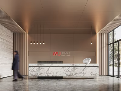 Modern Elegant Reception Desk Interior With Marble Counter Hanging Lights And Glass Entrance 3d model