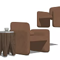Brown Modern Minimalist Single Sofa With Wooden Side Table Books And White Cup