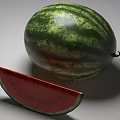 Whole Fresh Watermelon with Green Rind Red Flesh Black Seeds and Sliced Piece