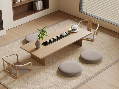Natural Minimalist Living Room With Wooden Coffee Table Round Ottomans And Tea Set 3d model