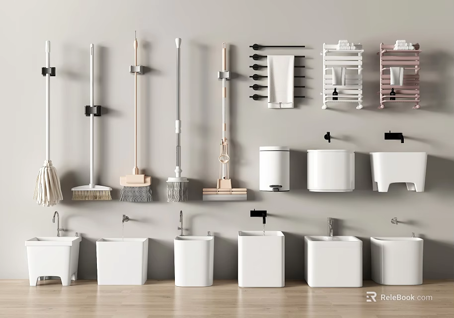 Bathroom Combo Sets With Cleaning Tools Storage Racks Toilets And Sinks 3d model 