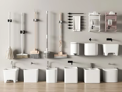 Bathroom Combo Sets With Cleaning Tools Storage Racks Toilets And Sinks 3d model