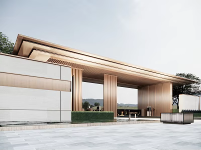 Contemporary Entrance Gate With Golden Metal Roof Columns Stone Wall Greenery And Mountain View 3d model
