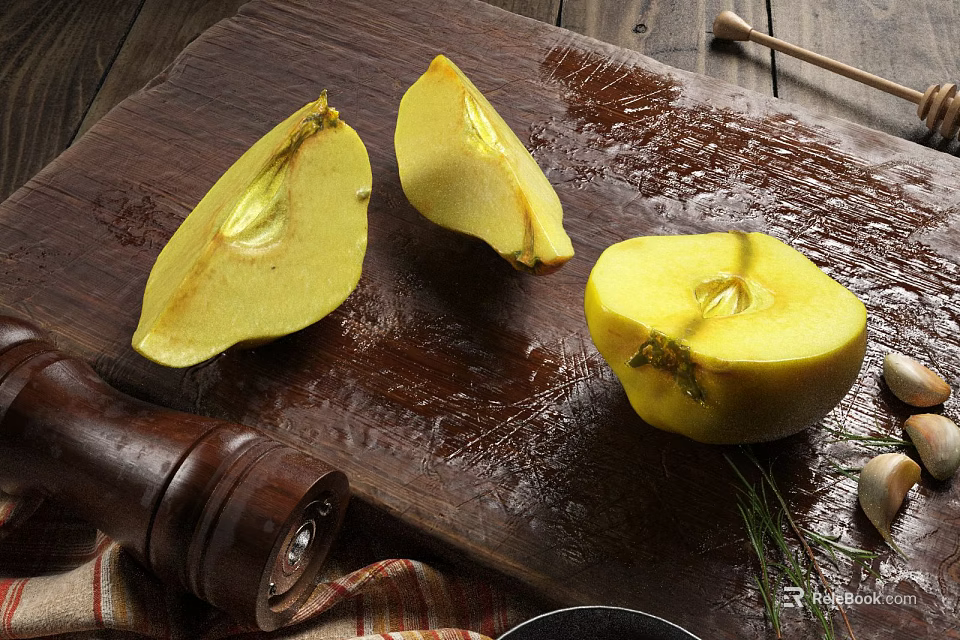 Fresh Cut Pears on Wooden Cutting Board with Pepper Grinder Herbs and Garlic 3d model 