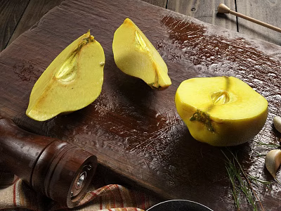 Fresh Cut Pears on Wooden Cutting Board with Pepper Grinder Herbs and Garlic 3d model