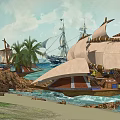 Traditional Wooden Sailing Boats With Palm Trees On Ocean Waves Near Beach