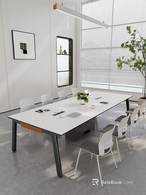 Modern White Conference Table With White Chairs Green Plant Office Supplies Bright Room Blinds 3d model 