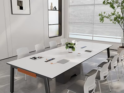 Modern White Conference Table With White Chairs Green Plant Office Supplies Bright Room Blinds 3d model