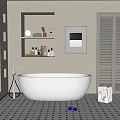 Freestanding White Bathtub with Louvered Doors Shelves Toiletries Framed Artwork Checkerboard Flooring
