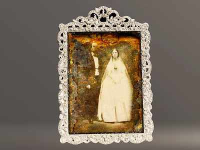 Classical Oil Painting Featuring Woman In White Dress And Man With Silver Ornate Frame 3d model