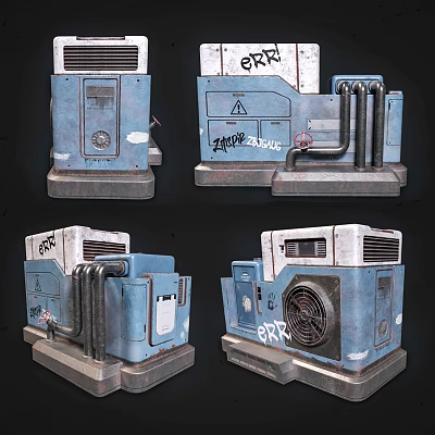 Worn Blue And White ERX Industrial Equipment Featuring Pipes Vents And Control Panels 3d model