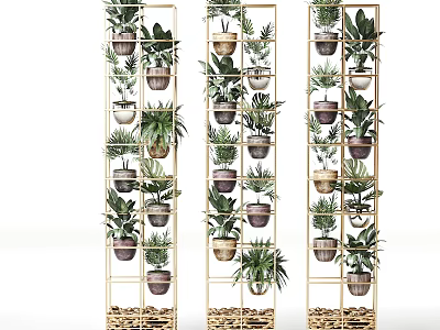Golden Multi Tiered Shelves With Various Potted Green Plants For Indoor Decor 3d model
