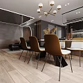 Open Concept Living Dining Room Interior Design With Kitchen Cabinets Dining Table Chairs and Chandelier