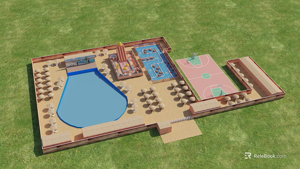 Family Amusement Park With Large Swimming Pool Colorful Slide Basketball Court And Outdoor Seating Areas 3d model 
