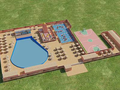 Family Amusement Park With Large Swimming Pool Colorful Slide Basketball Court And Outdoor Seating Areas 3d model