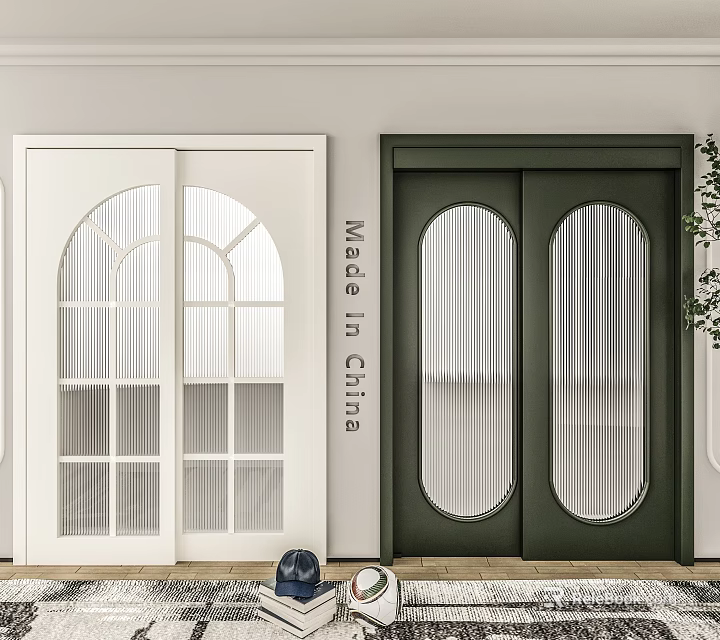 Modern Sliding Doors With White And Dark Green Frames And Arched Circular Glass Panels 3d model 