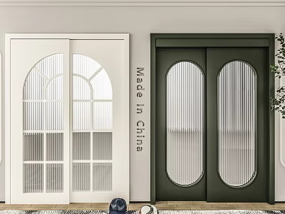 Modern Sliding Doors With White And Dark Green Frames And Arched Circular Glass Panels 3d model