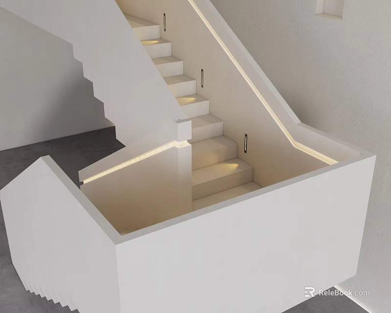 Modern White Staircase with Built in Lighting and Minimalist Interior Design 3d model