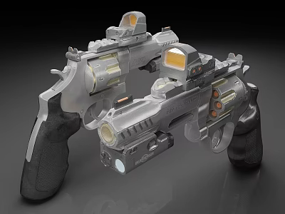 Detailed Futuristic Sci-Fi Dual Pistols With High Tech Mechanical Parts And Illuminated Sights 3d model