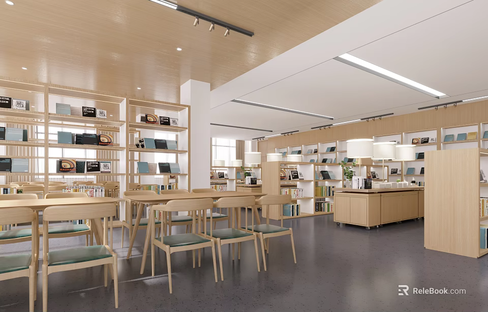 Book Art Space Interior With Wooden Bookshelves And Chairs 3d model 