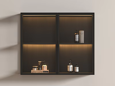 Black Modern Decorative Cabinet With Open Compartments LED Lighting And Glass Jars 3d model