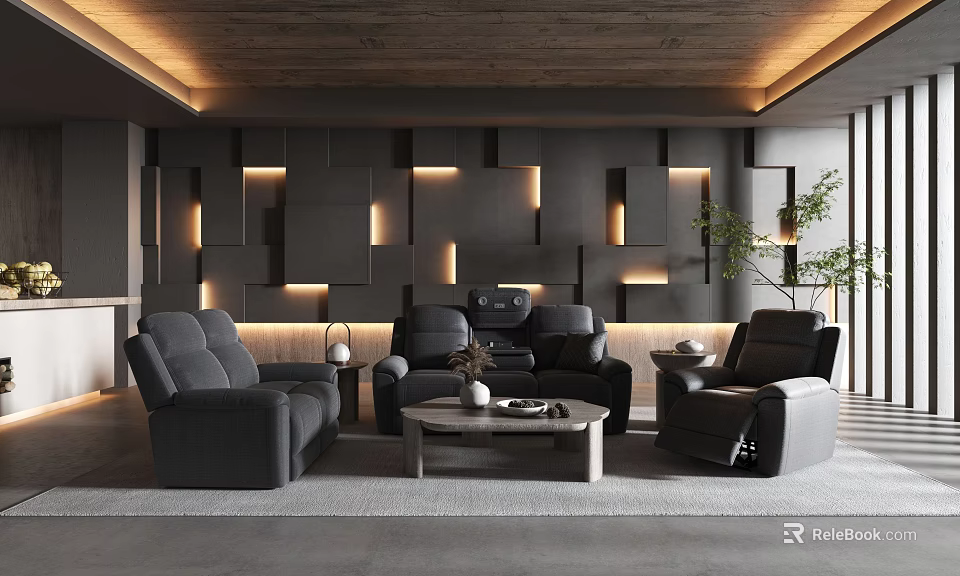 Modern Living Room With Dark Sofas Geometric Accent Wall Recessed Lighting And Coffee Table 3d model 