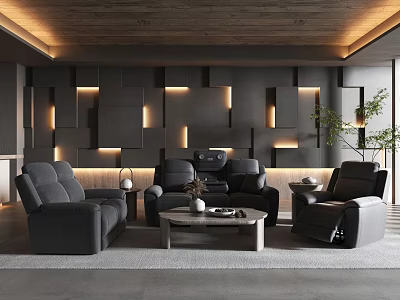 Modern Living Room With Dark Sofas Geometric Accent Wall Recessed Lighting And Coffee Table 3d model
