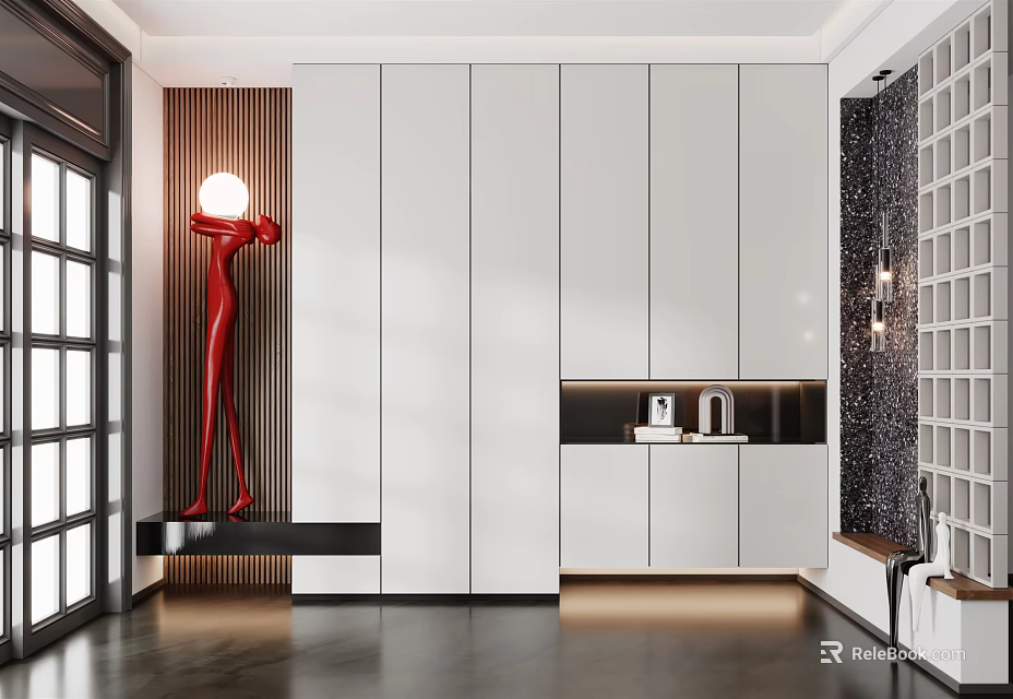 Elegant Entryway Interior Design With White Storage Cabinets Red Sculpture Wine Rack And Black Flooring 3d model 