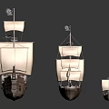 Wooden Ship Models With White Sails And Black Pirate Flags In Various Sizes
